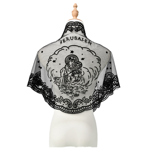Luxe Noir Dentelle Vierge <span class=keywords><strong>Marie</strong></span> Motif Religieux Brodé Sheer Écharpe Triangle Église Châle pour Femmes - Product Image 1