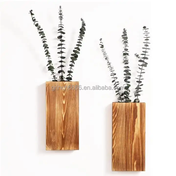 Wood Wall Planter Vase for Dried Flowers and Artificial Greenery Plants Holder Handmade Wooden Flower Vase