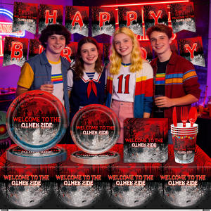 Kit de vaisselle pour fête d'anniversaire Stranger Things : bannière en papier, assiettes jetables, serviettes, bienvenue sur l'autre côté - Product Image 6