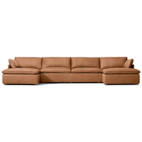 Set Perabot Ruang Tamu Sofa Kulit Desain Modern Sectional Rangka Kayu Solid Nyaman Empuk untuk Apartemen Villa