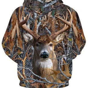Sweat à capuche pour homme, uni, broderie 3D, pêche, camping, chasse, vêtements décontractés pour l'extérieur, lavable en machine, polyester, poches, coupe ample - Product Image 2