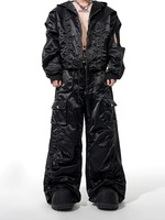 Pantalon décontracté pour homme, printemps, noir, velours déstructuré, design mécanique, jambe large, polyester, respirant, anti-froissement, plissé, multi-poches