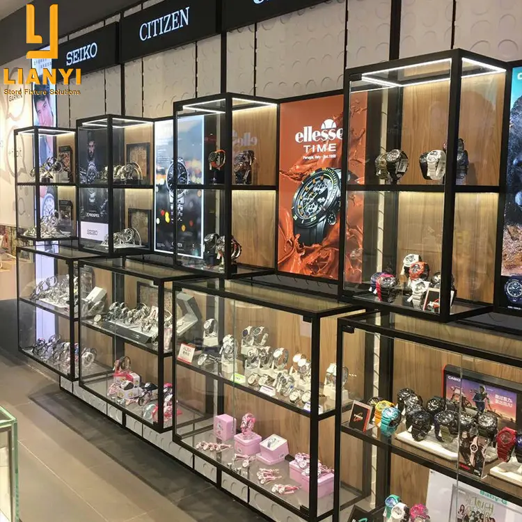 LY conception Unique présentoir mural en verre de montre à bijoux pour l'intérieur de la boutique de montres à chaîne de marque