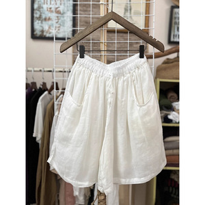 Retro Cotton Linen Wide Leg Shorts Women Summer Breathable Loose Mid Waist Casual Pants With Pockets Khaki Gray White Pink Black - Product Image 4