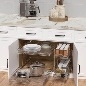 Kitchen Storage Rack 2 Tier Pull Out Basket Sliding Rails Cabinet Organizer Durable Rectangle Shape - Product Image 3