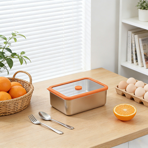 Stackable Leak Proof 3-Piece Set Modern Design Rectangle Stainless Steel Food Storage Container with Orange Glass Lid - Product Image 3