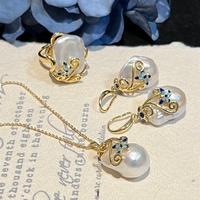 Parure trois pièces en or 14K plaqué or, style baroque, avec papillon et perle d'eau douce naturelle, nouveau style chinois ancien, collier, boucles d'oreilles et bague