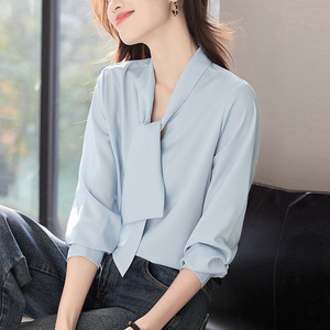 Women's Blue Chiffon Shirt With <b>Wrap</b> Tie Design For Work Professional Blouse Spring Autumn Fashion Top - Product Image 1