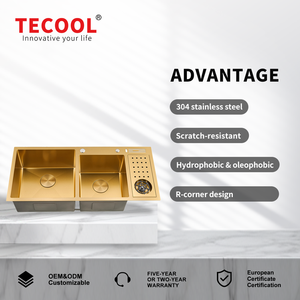 Évier de cuisine <span class=keywords><strong>double</strong></span> cuve en acier inoxydable 304 doré à encastrer, personnalisable, avec égouttoir - Product Image 6
