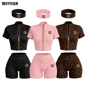 2026 Trend Women's Crop Tops for Women Zip up Jacket Leopard Print Skinny Fit Summer Cotton Breathable Custom Loungewear <strong>Sets</strong> - Product Image 1