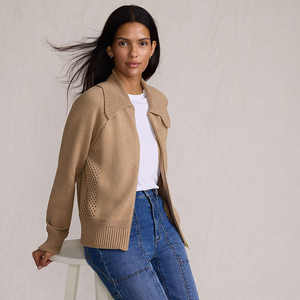 Tam Zip kapatma orta ağırlık iplikler klasik uzunluk ringcombed penye pamuk kadın Drifter büyük yaka Zip ön hırka kazak - Product Image 4