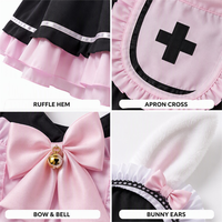 Ensemble de robe de cosplay de demoiselle d'honneur Bunny Maid noir et rose, tenue de demoiselle d'honneur courte et mignonne avec manches bouffantes, tablier à volants et bandeau oreilles de lapin croisées
