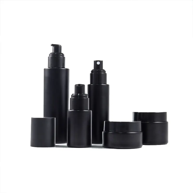 Kunden spezifische Kosmetik behälter und Verpackungs set Lotion Pump flasche Creme glas Spray mattschwarze Glasflasche