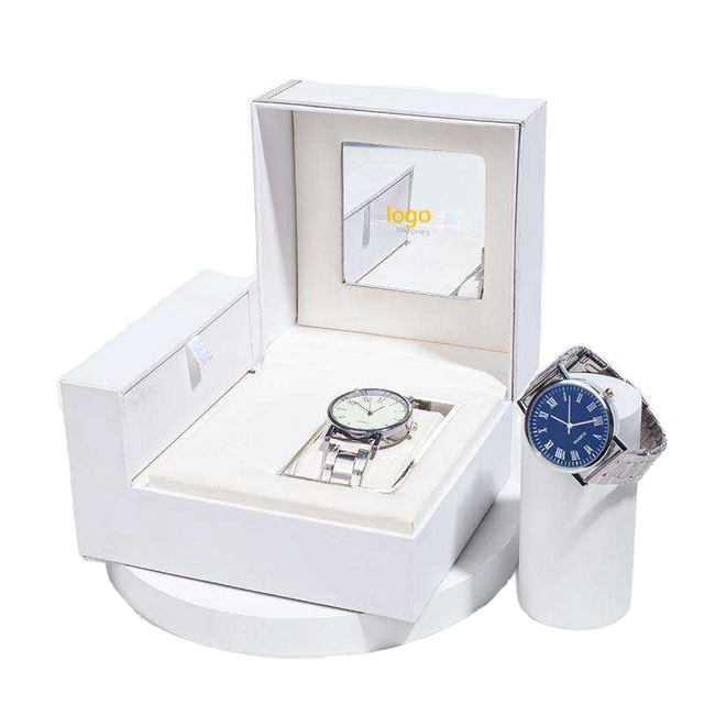 ODM/OEM Luxury Custom Logo Sliver Metal Edge White Protective Faux Leather Inner Watch Packaging Box for Men Watch Strap Storage