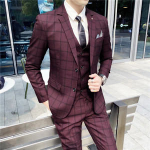 Costume trois pièces pour <span class=keywords><strong>homme</strong></span>, style coréen, à carreaux, coupe ajustée, simple boutonnage, <span class=keywords><strong>tenue</strong></span> professionnelle formelle, idéal pour le témoin de <span class=keywords><strong>mariage</strong></span> - Product Image 1