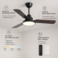 Ventilateur de plafond moderne à 3 pales en bois, moteur DC silencieux, flux d'air réversible, lampe LED avec télécommande
