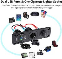 Prise allume-cigare pré-câblée DC 12-24V, chargeur double USB QC 3.0 avec affichage LED du voltmètre + interrupteur LED étanche