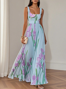 Nouvelle arrivée Robe longue plissée à imprimé floral pour femmes, col <span class=keywords><strong>carré</strong></span>, sans manches, ceinture à la taille, <span class=keywords><strong>coupe</strong></span> évasée, robe de soirée formelle - Product Image 4