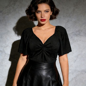 Blusa Personalizada con Ojales, Botones, Cuello en V Profundo, Mangas Cortas con Volantes, Dobladillo Peplum, Transpirable, Tejida a Crochet, Moderna - Product Image 1