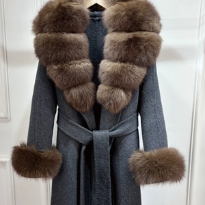 New Autumn Cashmere <b>Wool</b> Blends Women Natural Removable Fox Fur Collar Lace up Loose Double-sided Woolen Fleece Jacket with Belt - Product Image 2