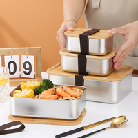 Caja Bento de acero inoxidable 304 para adultos, apta para microondas, lavavajillas, a prueba de fugas, fiambrera de madera para niños
