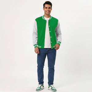 Chaqueta Urbana Ligera para Hombre, Estilo Universitario, Verde Grisáceo, con Cuello Alto, Ribete Acanalado a Rayas y Cierre de Botones Cubiertos - Product Image 1