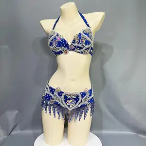 Costume de danse du ventre pour femmes en polyester avec perles et cristaux, ensemble 2 pièces, soutien-gorge et ceinture, carnaval, sexy, danse du ventre, en stock - Product Image 1