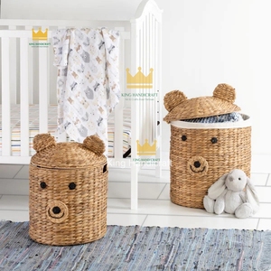 High Quality Water Hyacinth Bear Shape Kids Room Bathroom Storage <b>Basket</b> Animal Woven <b>Lid</b> Eco-Friendly Durable Modern Handmade - Product Image 6