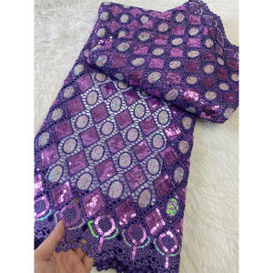 <span class=keywords><strong>Tissu</strong></span> de dentelle brodée de paillettes côtelées de diamant soluble dans l'eau de fil composite <span class=keywords><strong>bleu</strong></span> royal - Product Image 6