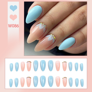 En gros, capsules d'ongles à presser de luxe, longues, forme amande, bleues, style French, avec motifs personnalisés, différentes tailles, marque privée - Product Image 2