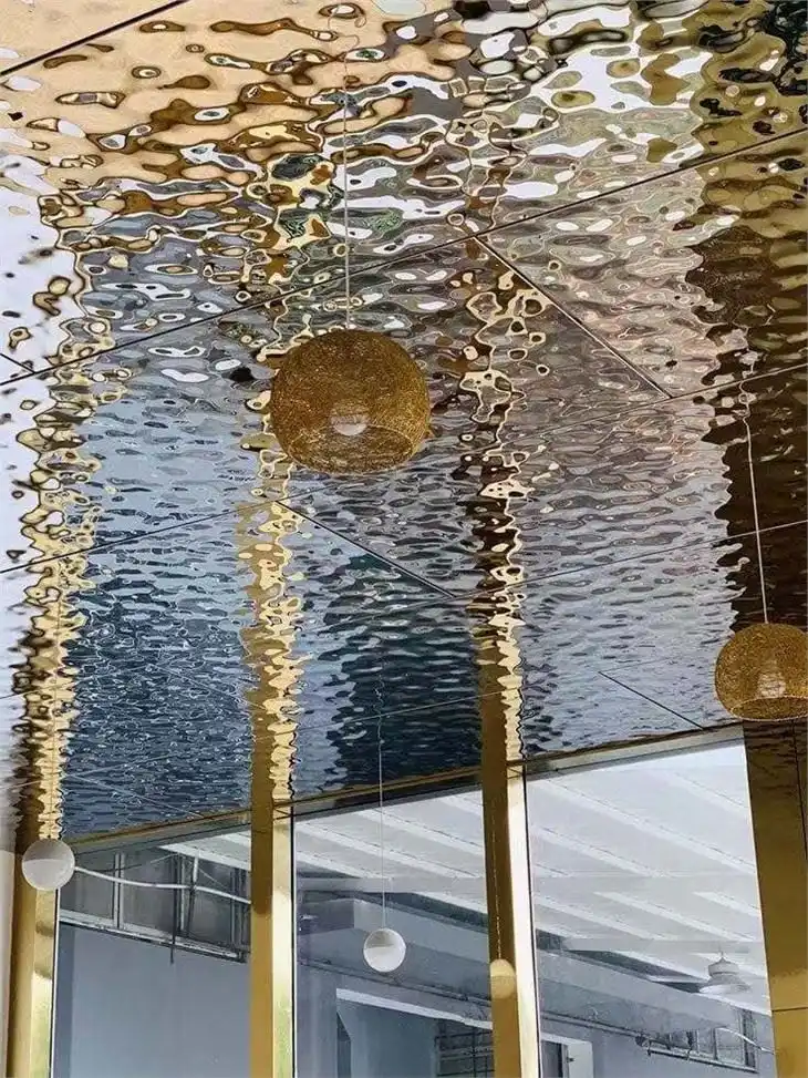 Metal Ceiling 1mm 304 Pvd Stainless Steel Sheet Mirror Blue Gold Rose Gold Finish Decorative Water Ripple Wave Stamped Metal Sheet For Ceiling