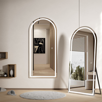 Miroir mural arqué intelligent moderne avec interrupteur tactile, éclairage LED, cadre en métal brossé, matériau en verre