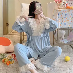 Roupa de dormir para maternidade, conjunto de pijama longo, roupa noturna feminina fofa com abertura de renda para gravidez