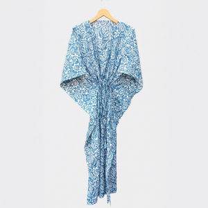Robe kimono bleue à imprimé cachemire pour femme, sans col, manches courtes, longue tunique de plage - Product Image 1