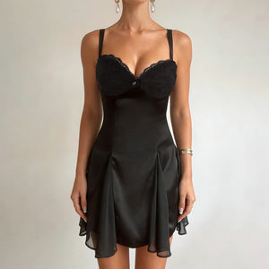 Elegante Vestido Mini Y2K de Encaje Sólido con Cintura Natural y Corte en A, y Vestido de Verano Ajustado con Tirantes Finos para Mujer - Product Image 5