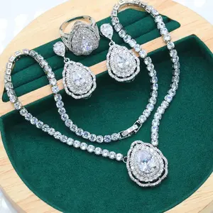 Exquisite Necklace 925 Silver Jewelry Sets for Women Wedding White Topaz Earring Ring Pendant Christmas Gift