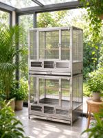 Cage à oiseaux empilable à 2 niveaux en acier inoxydable 304 anti-évasion avec plateau extractible pour perroquets Eclectus, Quaker et Conures