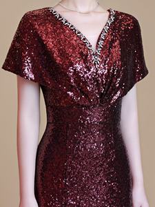 Abito Lungo di Alta Qualità con Paillettes Rosse e Oro per Donna, Occasioni Speciali, Scollo a V, Aderente, Formale, da Cerimonia, per Matrimonio, Madre della Sposa - Product Image 5