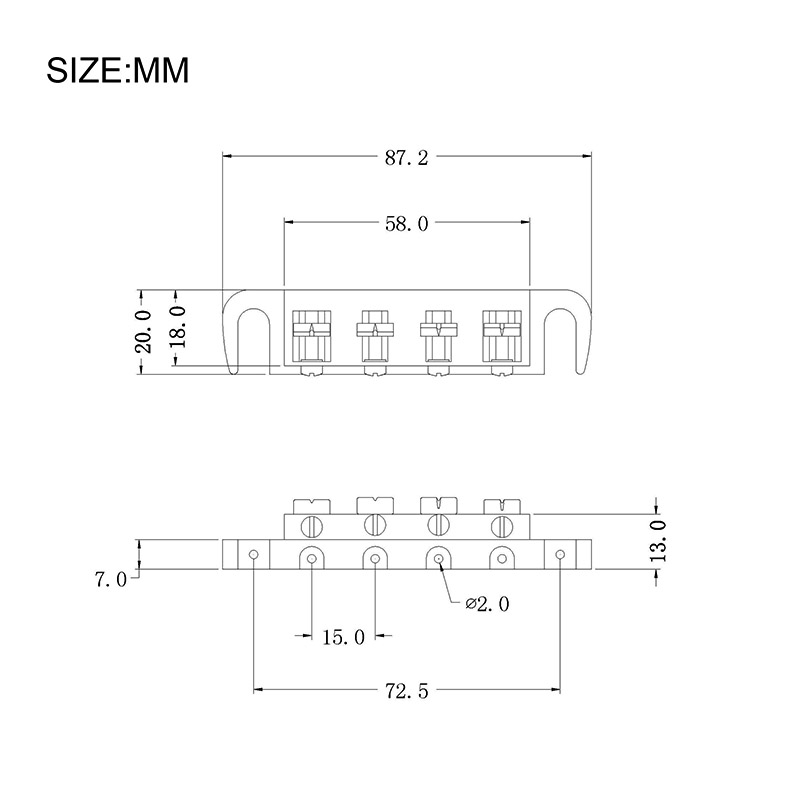 コンボブリッジテールピース 4 弦ベースギター用 87.2x20MM 弦間隔