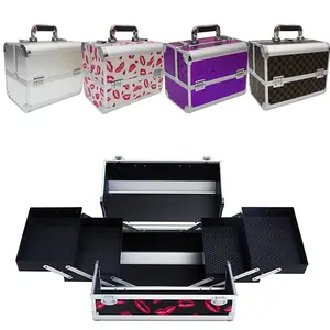 Makeup Train Case Portable Metal Cosmetic Box with 4-Tray for Girls Women Make Up Kit Nail Craft Kit Tools Organizer