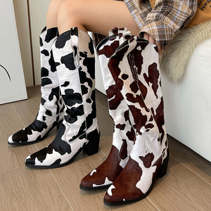 Western Style Horse Hair Cowboy Long <b>Boots</b> Women High Square Heels Cow Pattern Shoes V-shaped Top Knee High Booties - Product Image 1