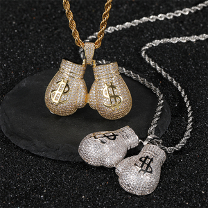 Novo Colar Masculino de Joias Hip Hop <span class=keywords><strong>Rock</strong></span> em Latão com Zircônia Banhado a Ouro, Pingente de Luvas de Boxe e Símbolo de Dólar - Product Image 4