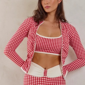 Custom Plaid <b>Yoga</b> Sports Set Quick Dry Zipper Long-sleeved <b>Yoga</b> <b>Jacket</b> Soft Breathable Workout Shorts Slim Seamless Front Logo - Product Image 3