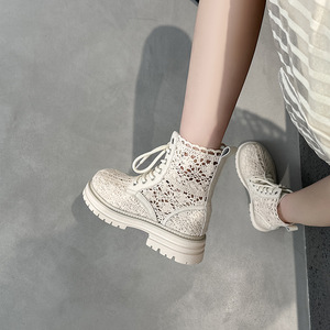 Bottines à plateforme épaisse pour femmes, respirantes, en maille, à lacets, style bohème, légères, courtes, d'été, couleur beige - Product Image 2
