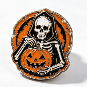 Halloween Skeleton Holding Pumpkin Hard Enamel Metal <b>Pin</b> Gold Plated Irregular Shape Folk Art Collectible - Product Image 5