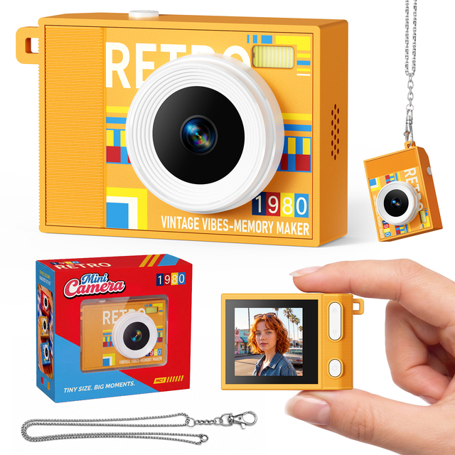 Portable Mini Camera for Kids Retro Digital Camera Fill Light Wearable Keychain 1.54" LCD 1080p Video Type-C Travel Birthday