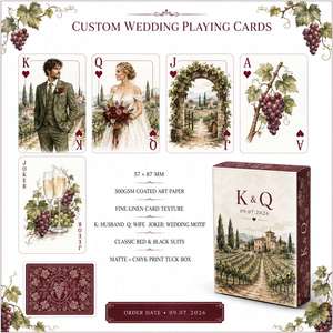 Cartes à jouer personnalisées avec portrait de couple en aquarelle sur le thème du vignoble toscan pour mariage - Product Image 3