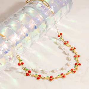 European American Style Pearl Necklace Cherry Pendant 18k Gold Plated <b>Titanium</b> Steel Clavicle <b>Chain</b> Women's Everyday Wear - Product Image 4