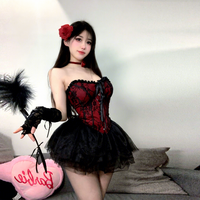 Ropa de Juego Lolita con Temática de Gatos Retro, Lencería Sexy, Corsé de Encaje Estilo Corte, Diseño Floral que Ajusta la Cintura