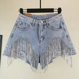 Custom 2024 Summer Trendy Zipper Pocket Tassel Sexy Tight Womens Casual Ripped Jean Denim Shorts